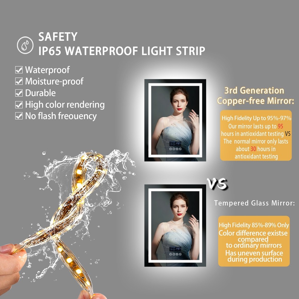 WISFOR Smart LED Lighted Bathroom Mirror with Bluetooth Speaker, Digital Display