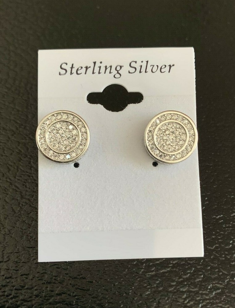 Real Solid 925 Sterling Silver Iced Diamond Hip Hop Men's Earrings Large Studs