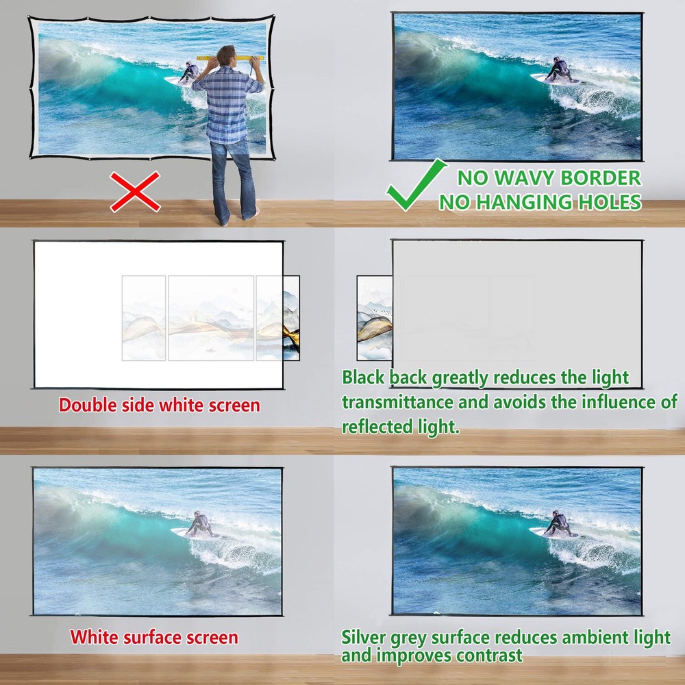 Portable Projector Screen 120 inch with Combined Pole Frame Black Backing Sil...