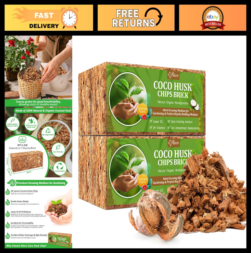 4 Pack Organic Coco Chips Substrate - 4.4lb Coconut Husk Brick for Plants, Low E