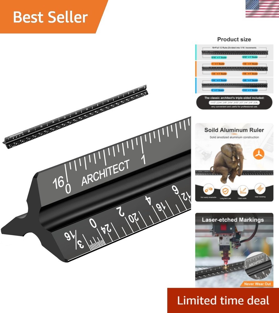 12'' Laser-Etched Architectural Scale Ruler - Precision Black Aluminum Design