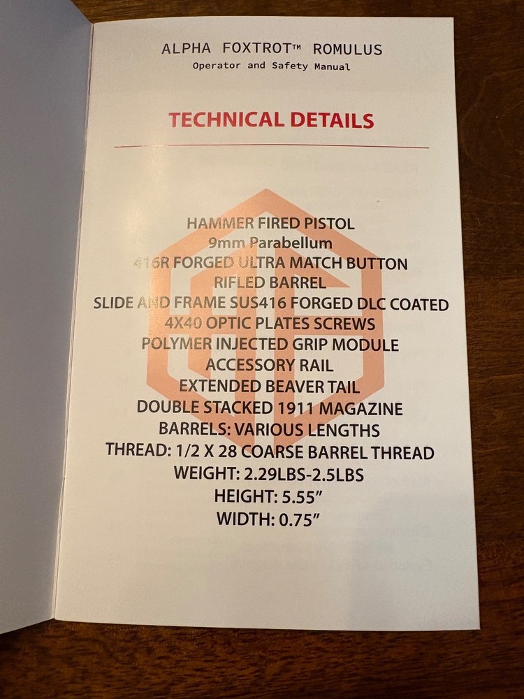Alpha Foxtrot AF1911 Romulus OEM Operator and Safety Manual
