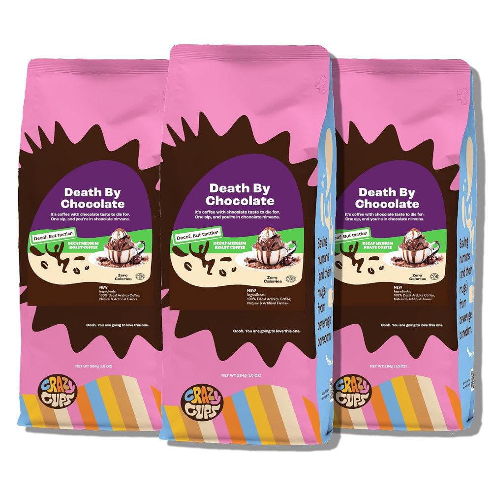 Crazy Cups Flavored Ground Decaf Chocolate Coffee Decaffeinated Death 3 Pack