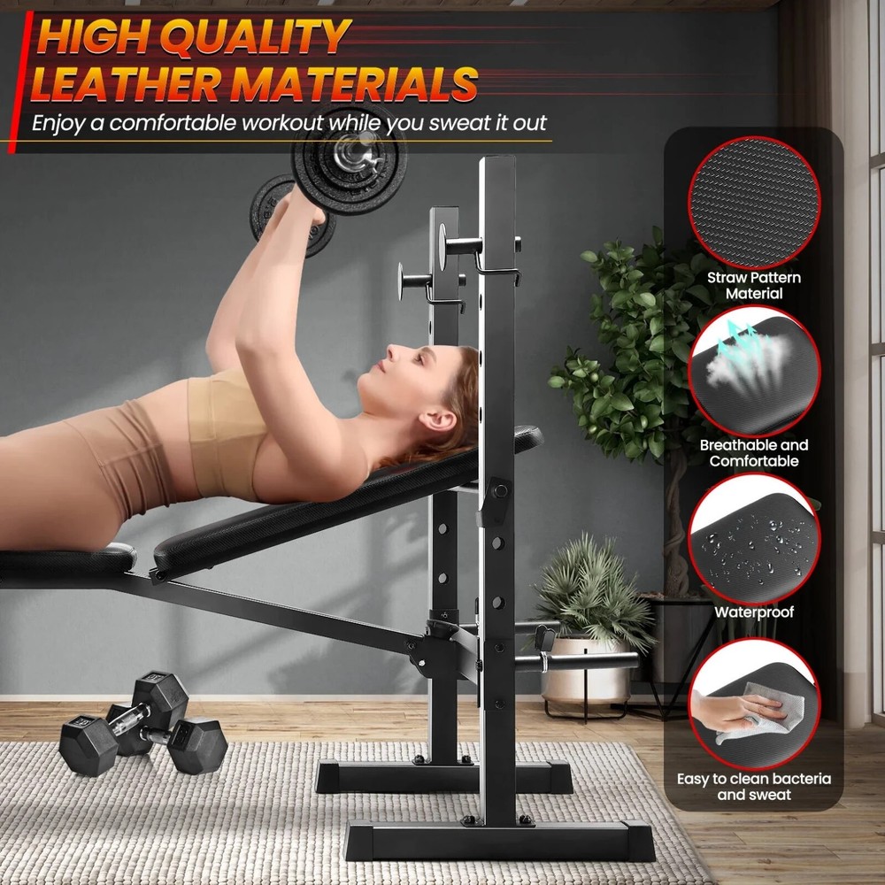 Adjustable Weight Bench Set with Squat Rack Foldable Flat Incline Decline