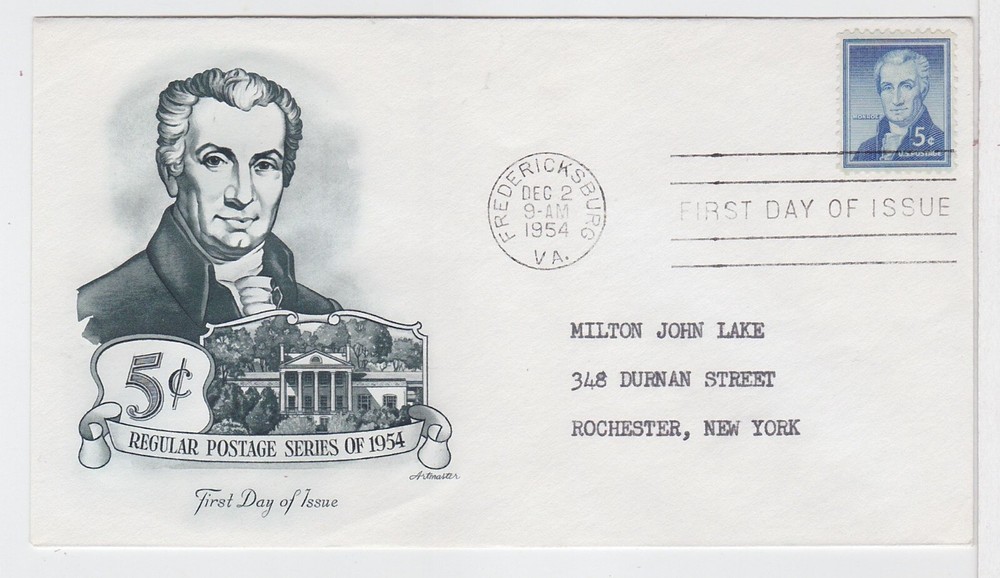 TurtlesTradingPost - James Monroe 5 Cent #1038- 1954 Artmaster Cachet FDC