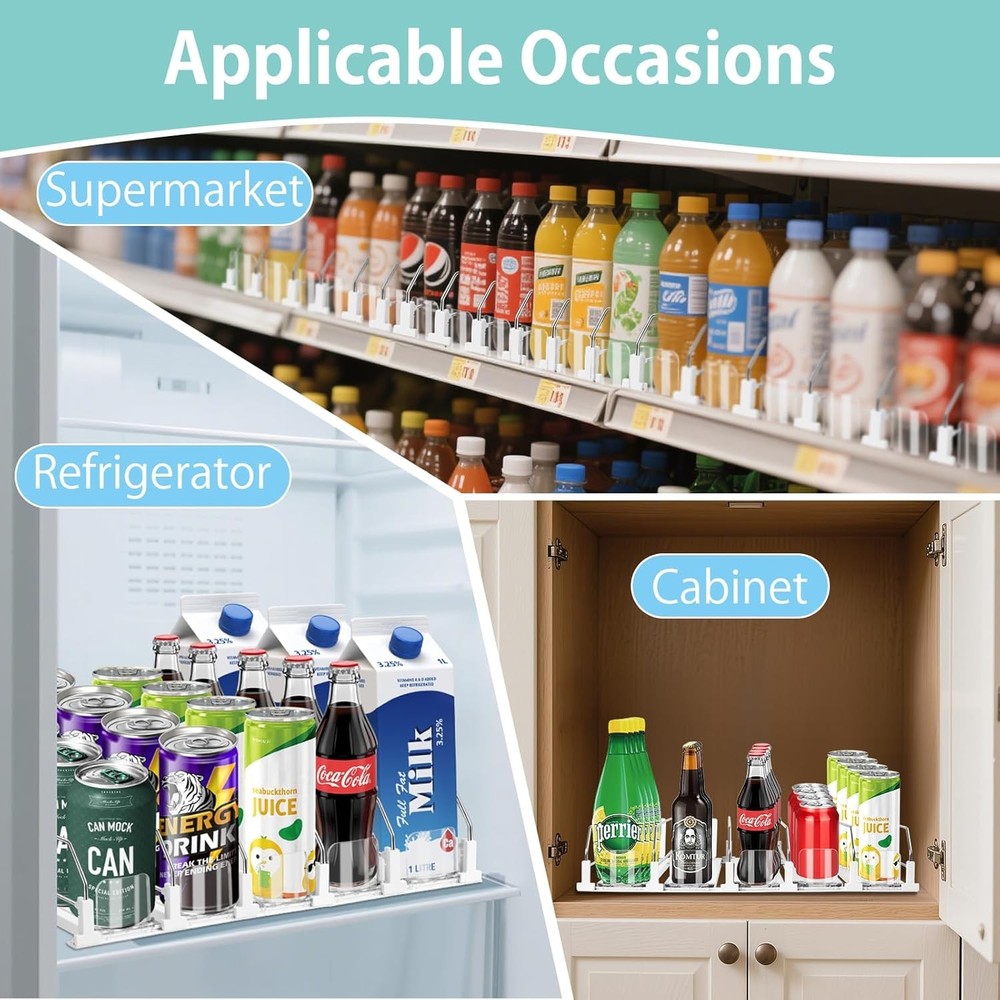 Drink Organizer for Fridge, 5 Row Automatic Pusher Glide, Adjustable Width Soda