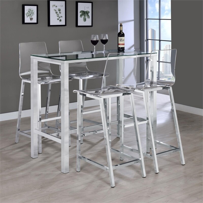 Pemberly Row Contemporary Rectangular Glass Top Pub Table in Clear
