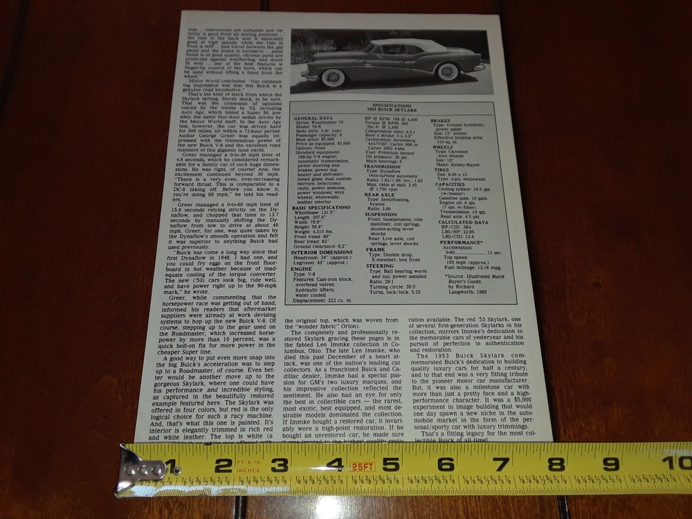 1953 BUICK SKYLARK ORIGINAL 1992 ARTICLE