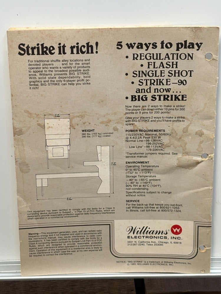 ORIGINAL-WILLIAMS-BIG STRIKE-INSTRUCTION MANUAL