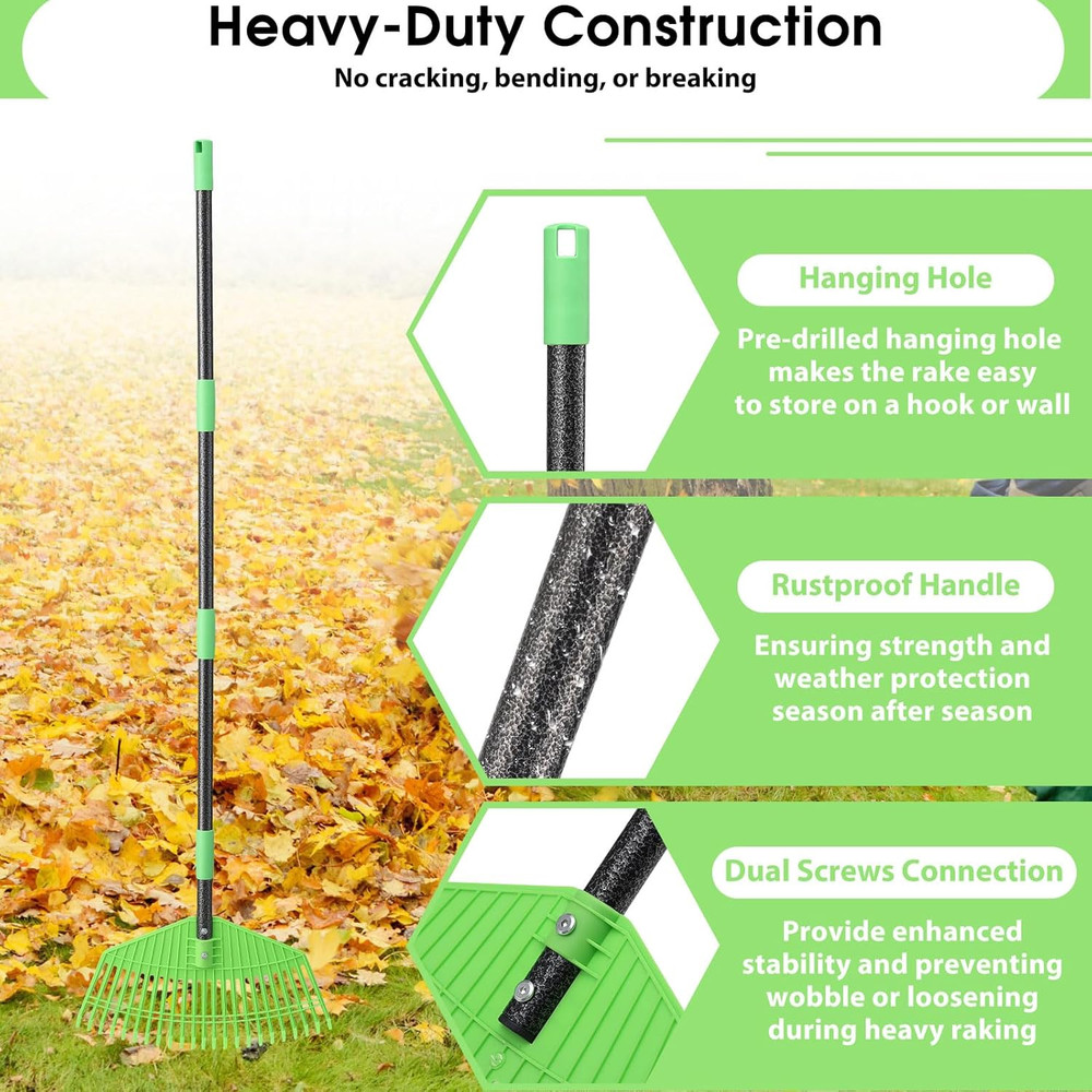 Leaf Rake for Lawn,16.5” Plastic Rake for Yard,Unbreakable Nylon Head,45” Long H