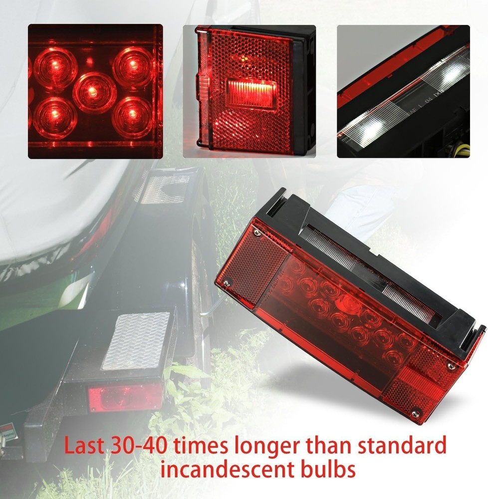 Left Right LED Waterproof Red Trailer Boat Rectangle Stud Stop Turn Tail Lights