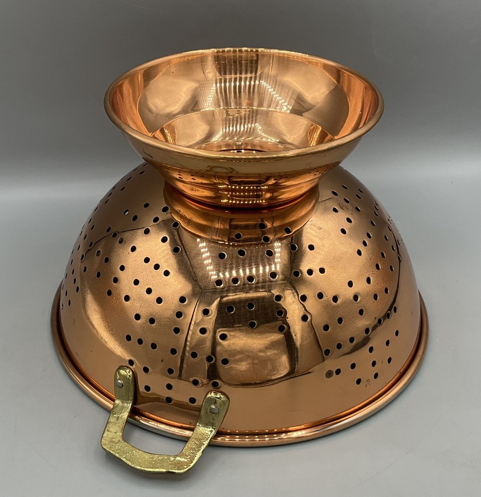 Vintage Solid Copper Colander Tin? Lined Strainer w/Brass Handles Korea