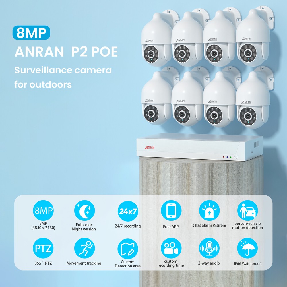 ANRAN 8MP 8CH Home Security Camera System Wired PoE IP Outdoor Motion Detection