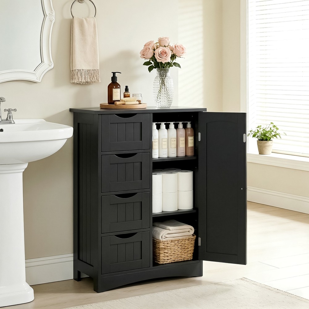 Black Bathroom Storage Cabinet with Adjustable Shelf Floor Storage Cupboard