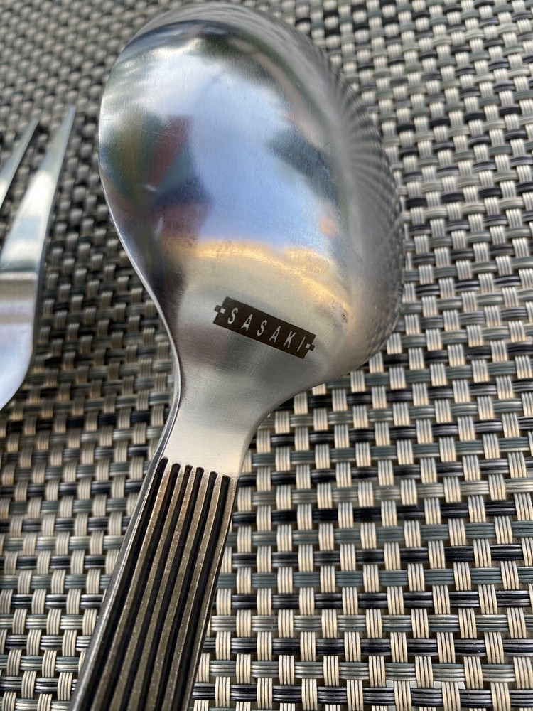 Sasaki Japan Extra Large Stainless Teak Pattern Serving Utensil Set Fork & Spoon