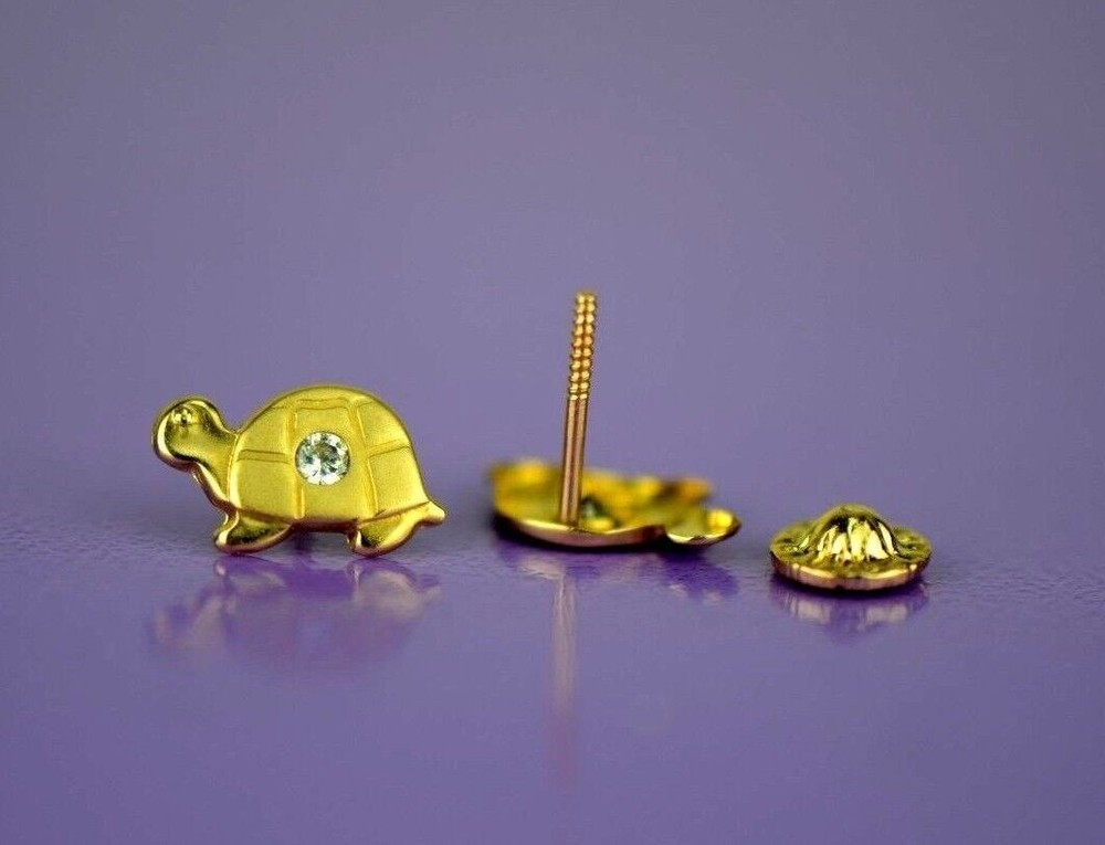 14k Yellow Gold CZ Turtle Stud Earrings