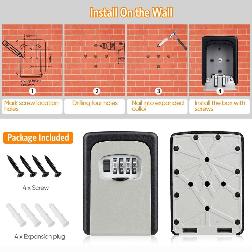 4 Digit Combination Lock Box Wall Mount Security Safe Large 5 Key Waterproof
