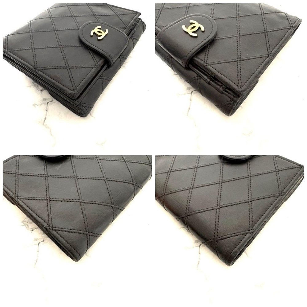 CHANEL Bi-fold Wallet Bicolore Coco Mark Double Snap Closure Black, Authentic