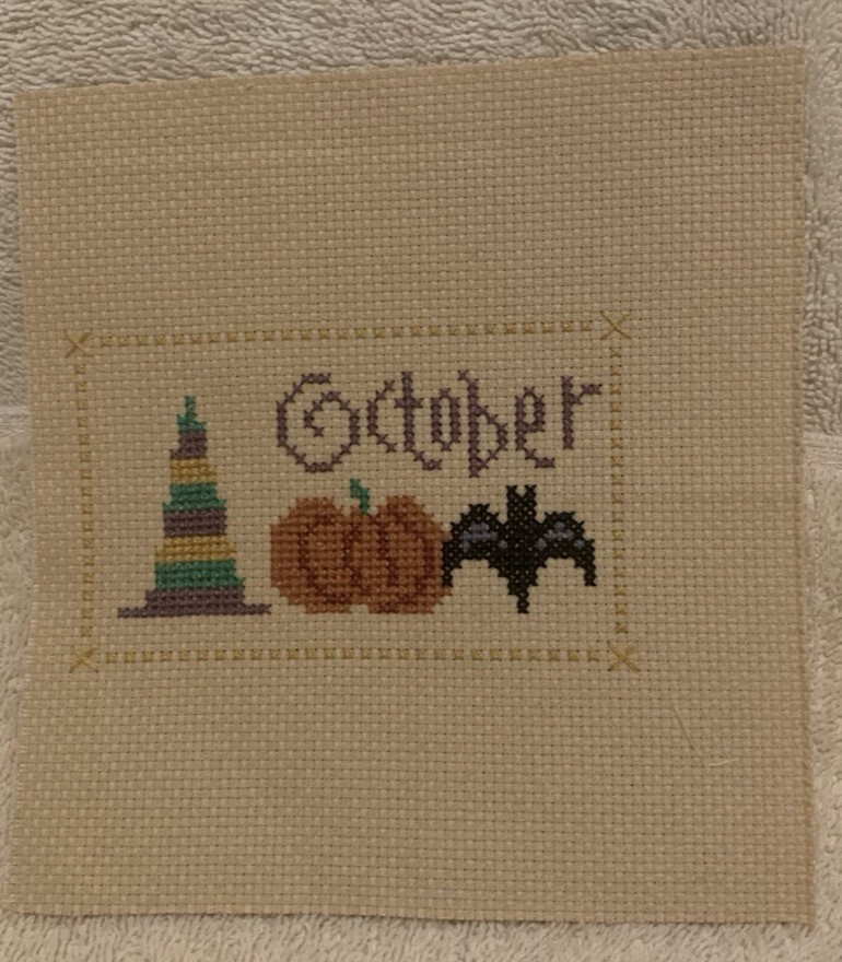 Completed OCTOBER w/PUMPKIN & BAT Small Cross Stitch Panel 6x6 - EUC