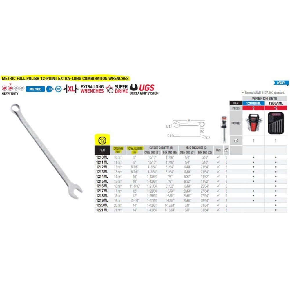 Urrea 1216ML Chrome Extra Long Combination Wrench 12 Point 16 mm