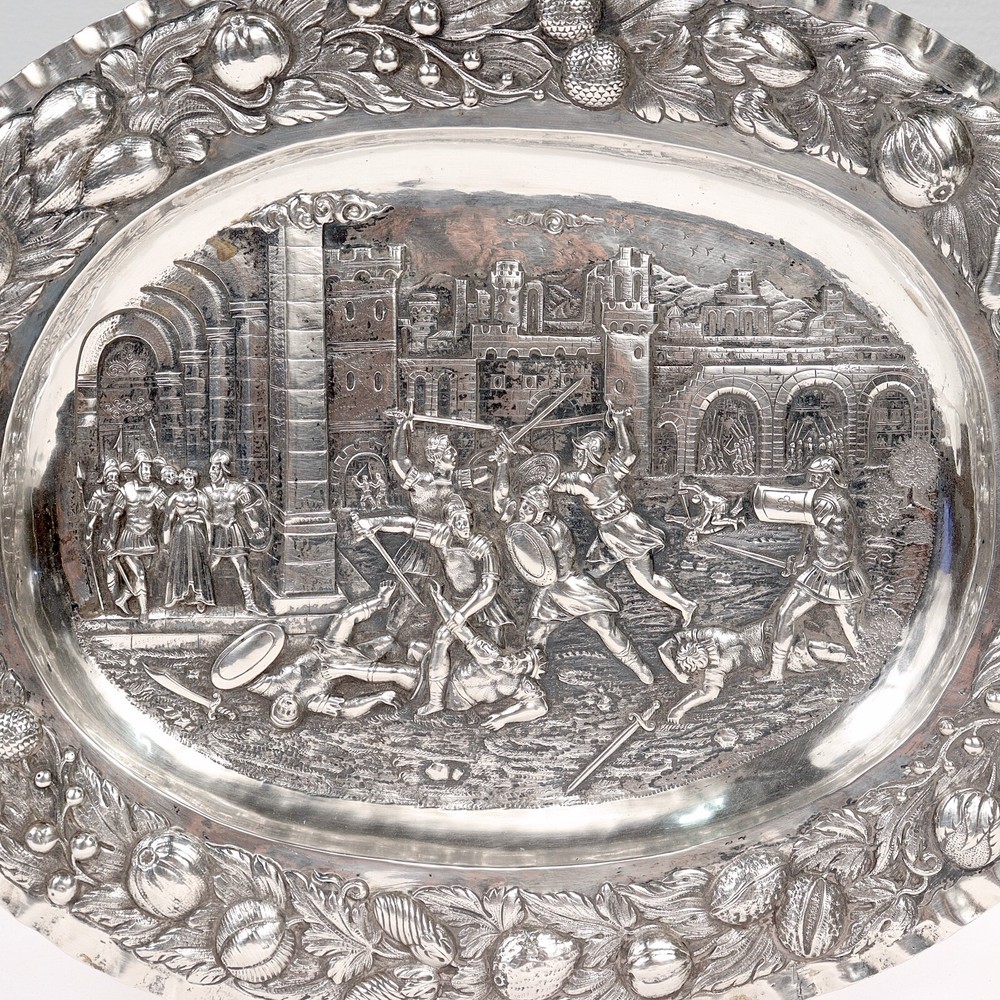 Antique German Renaissance Revival Solid 800 Silver Repousse Tray or Charger.