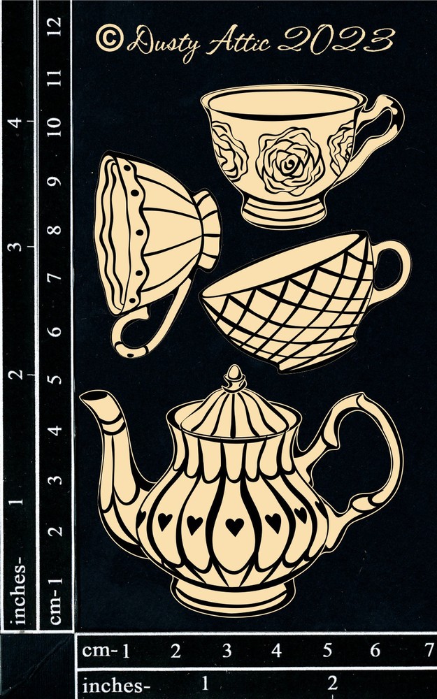 Dusty Attic Chipboard 3x5 - Alice Elements #9 - Tea Cups, DA3554