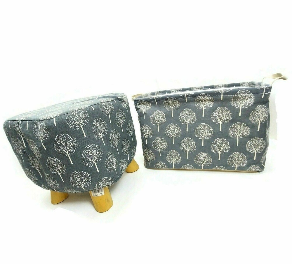 Footstool & Foldable Storage Bin Set Gray Square Stool Cushion Seat Gift