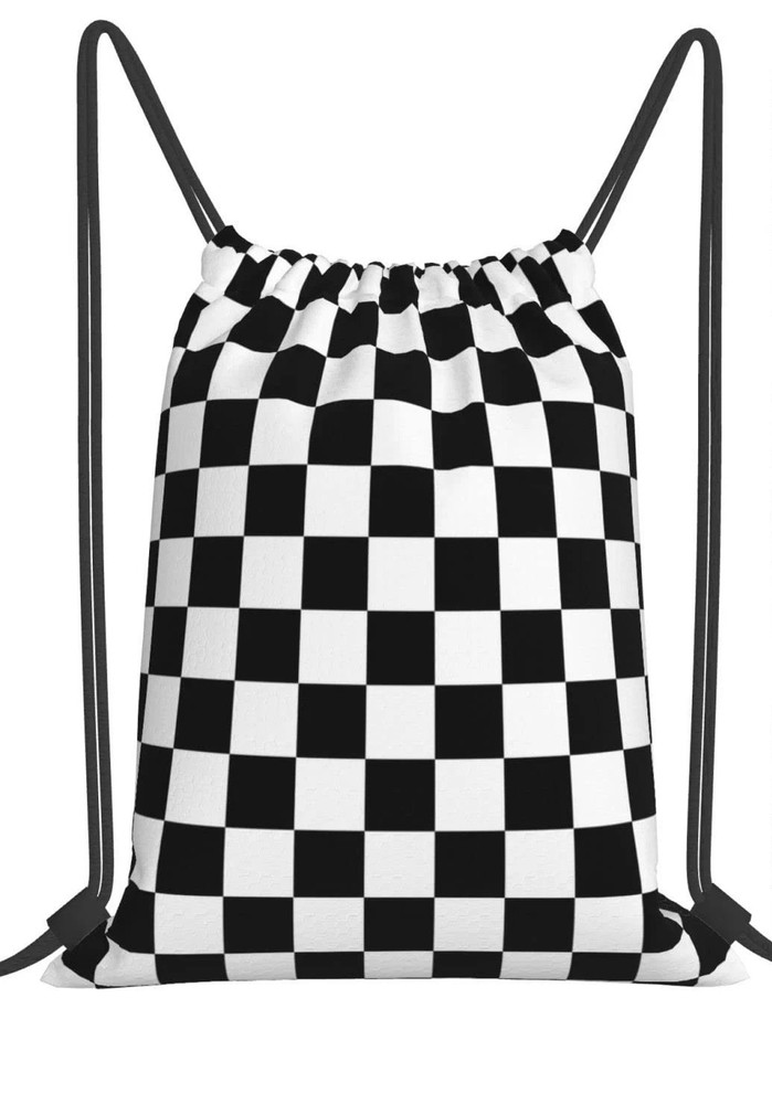 Checkered Drawstring Backpack, Waterproof, 13x17", Black and White Checkerboard