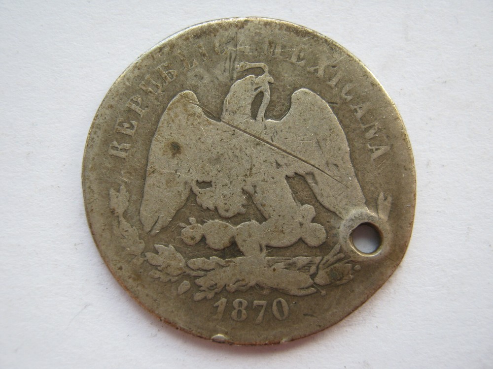 Mexico 1870 silver 25 Centavos Poor and holed