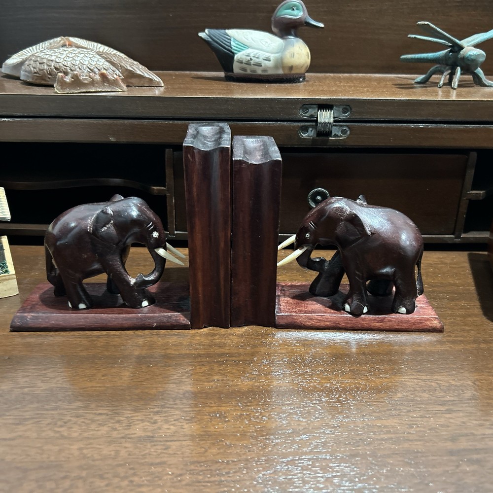 Pair Of Vintage Solid Wood Elephant Bookends