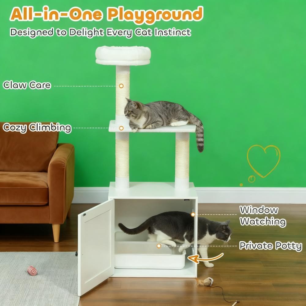 Multi-Level Cat Tree with Litter Box Enclosure & Sisal Scratchers