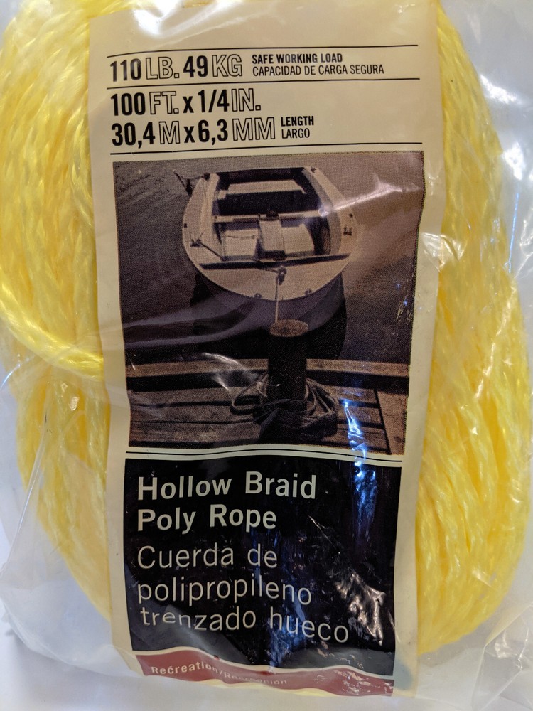 Blue Hawk 100’ X 1/4” Yellow Hollow Braid Poly Rope NIP