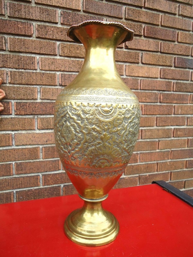 MIDDLE EASTERN BRASS VASE / URN REPOUSSE & CHASED 14 1/4 "
