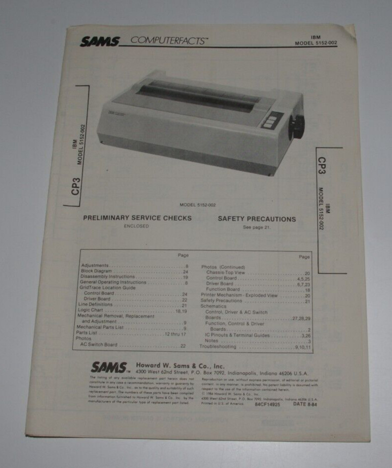 SAMS Computer Facts CP3 IBM Printer Model 5152-002 Technical Service Data
