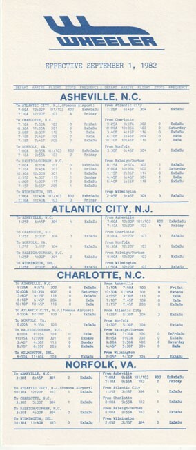 Wheeler Airlines timetable 1982/09/01