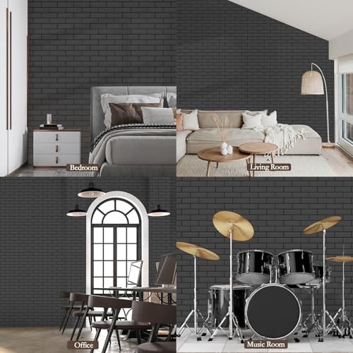 12Pack Acoustic Panels, Self-Adhesive 3D Brick Pattern 12"×12"-Brick Black