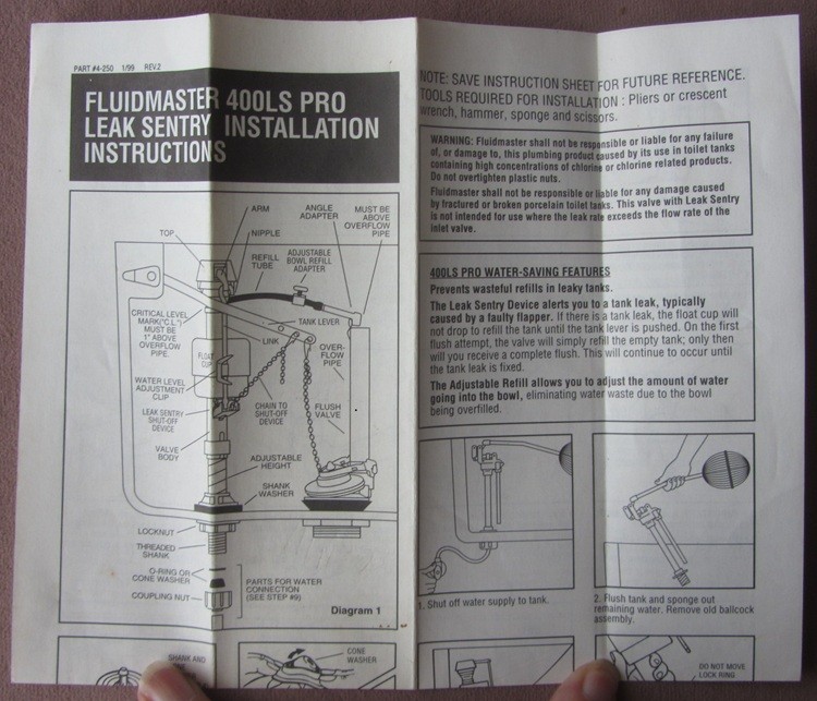 Original 1999 Fluidmaster 400LS Pro Leak Sentry Installation Instructions
