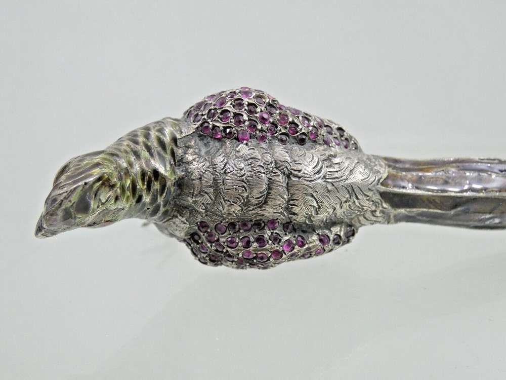 ANTIQUE AUSTRIAN Vienna SILVER ENAMEL MINIATURE BIRD PHEASANT gemset real ruby