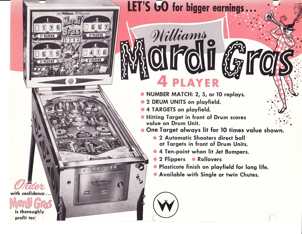 Mardi Gras Williams Pinball Flyer / Brochure / Ad