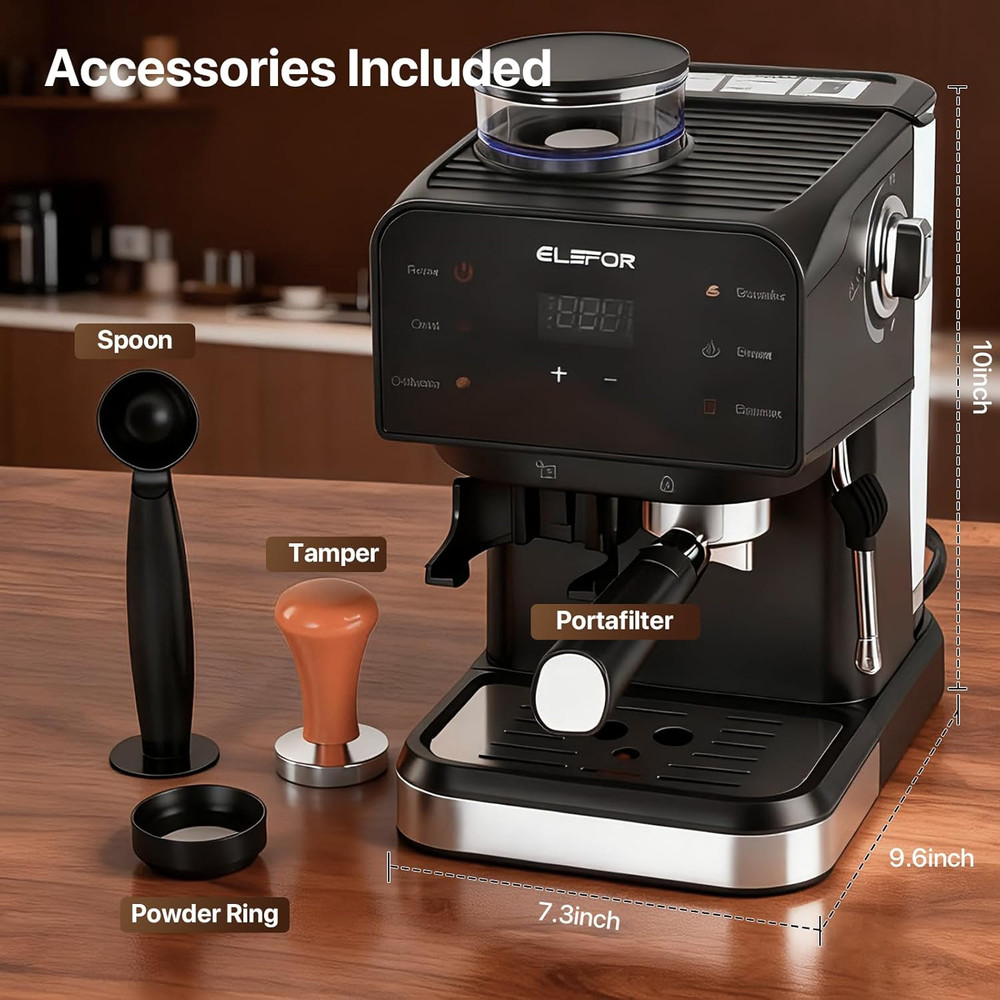20 Bar Espresso Machine & Grinder - Black Coffee Maker