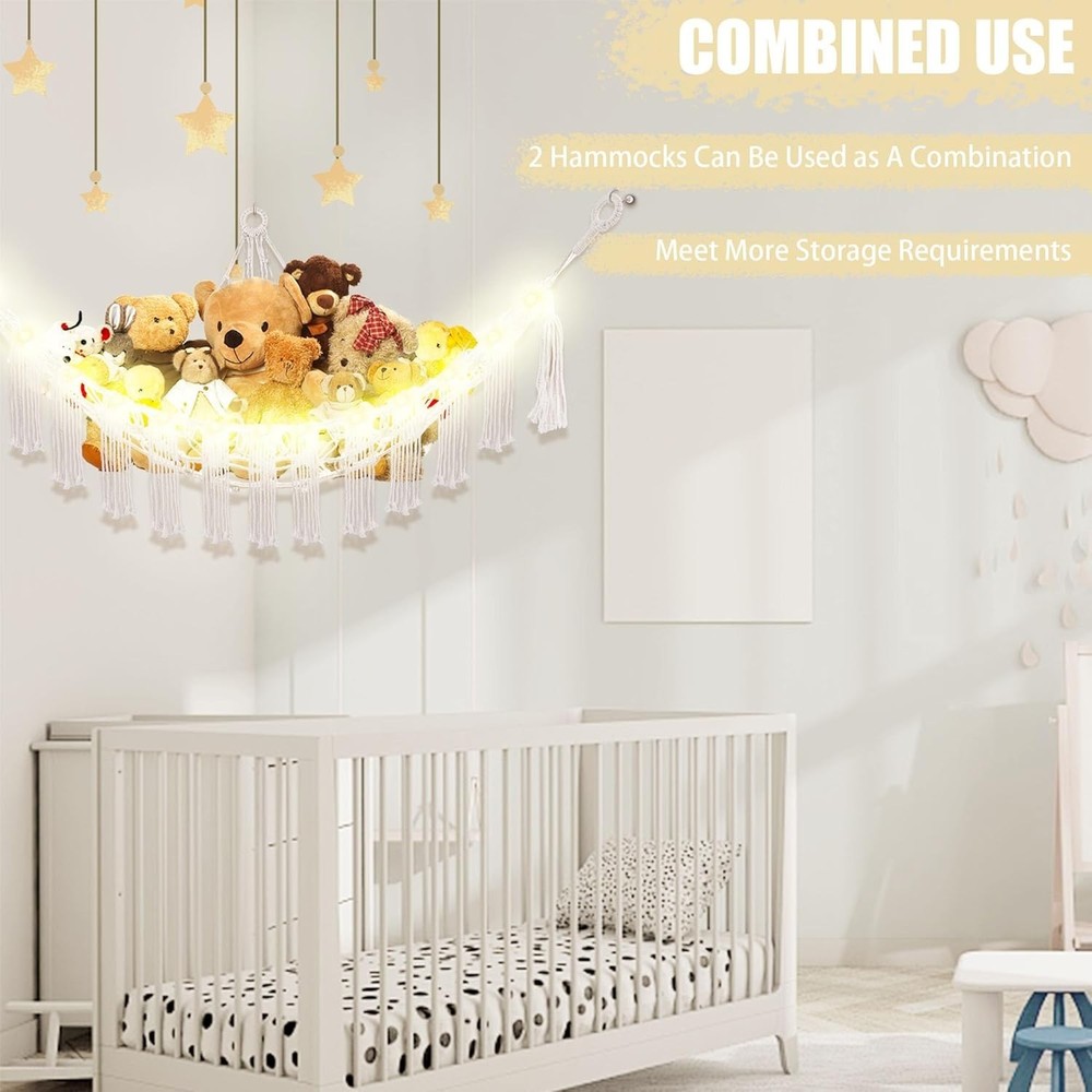 Jumbo White Stuffed Animal Hammock with LED Light – Chic Corner Storage Solution