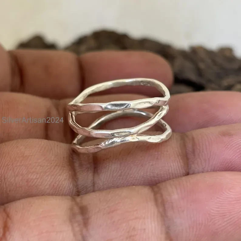 Hammered 925 Sterling Silver Stacking Ring: Chunky Boho Thumb Ring All Size