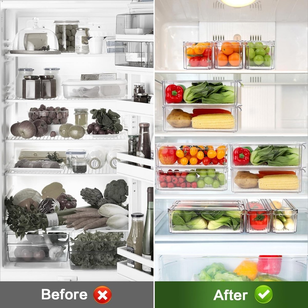 6 Pack Fridge Organizer, Stackable Refrigerator Organizer Bins with Lids, BPA-Fr