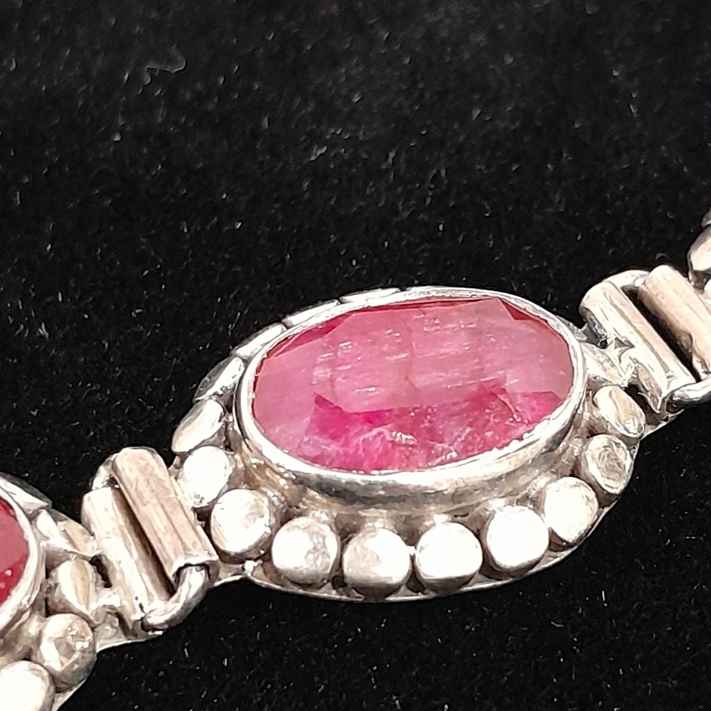 925 Sterling Silver Red Ruby Oval Faceted Panel Link Bracelet Toggle