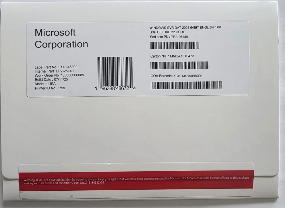 Microsoft Windows Server 2025 Datacenter 64Bit 32 Core DVD+Key (New)