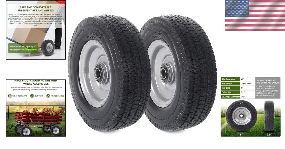 2-Pack 8-Inch Flat-Free Tire Replacement – Heavy-Duty Solid Wheel Assemblies