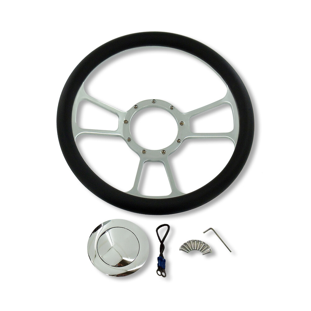 GM 14" Split Tri-Spoke Steering Wheel 9-Hole w/ Chrome Smooth Horn Button
