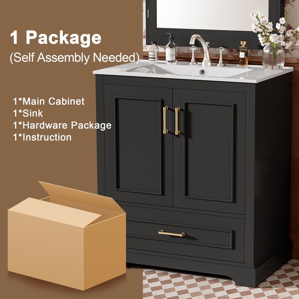 30" Bathroom Vanity w/ Sink, Black, Soft-Close Doors & Drawer, Solid Wood+MDF