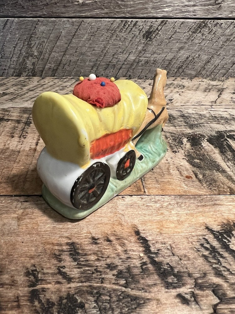 Lusterware Horse Covered Wagon Figure Pin Cushion