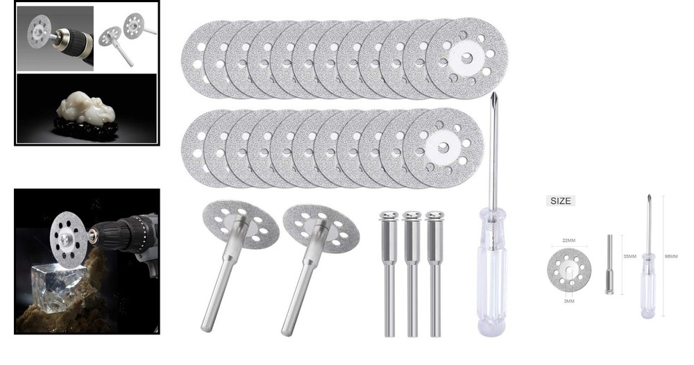 Versatile 22mm Diamond Cut-Off Wheels Set: 25 Discs with Mandrels & Screwdriver